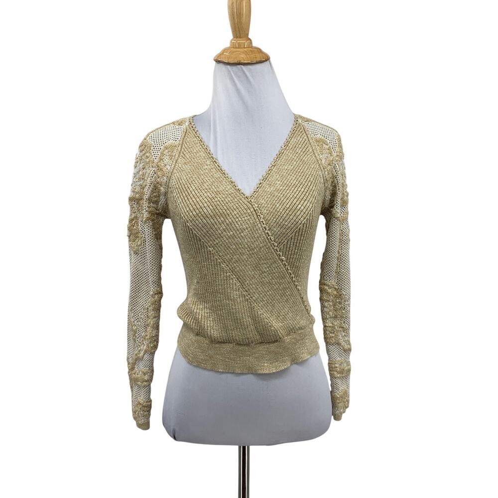 Anthropologie Sweater Womens XSP Petite Scone Lace Sleeved Knit Surplice V Neck